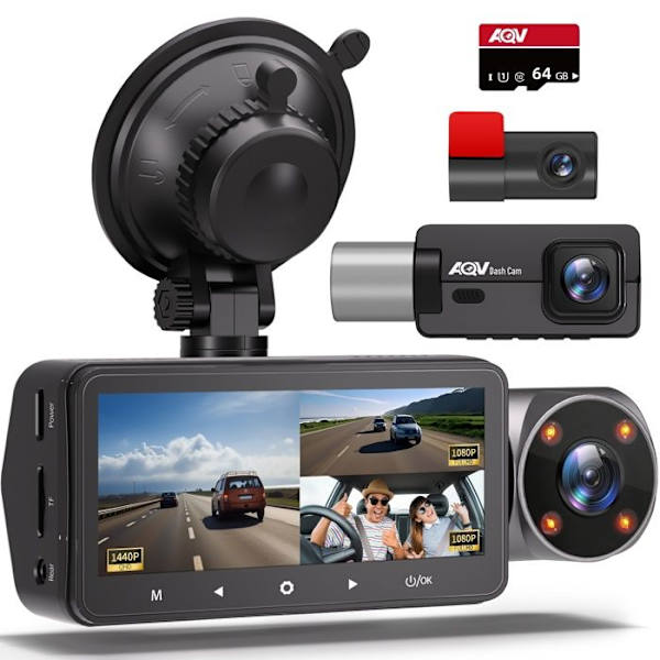 Bilkamera AQV ZD60A WiFi & APP Kontroll Dashcam 4K/2.5K + 1080P + 1080P Nattseende Infraröd G-sensor Med 64Go Kort