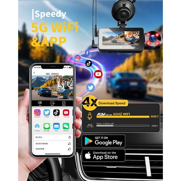 Bilkamera AQV ZD60A WiFi & APP Kontroll Dashcam 4K/2.5K + 1080P + 1080P Nattseende Infraröd G-sensor Med 64Go Kort