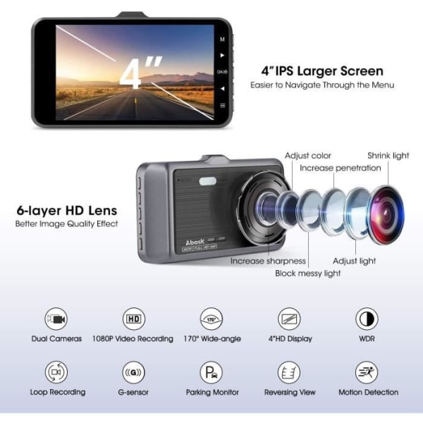 Abask Q40S Bilkamera 1080P FHD DashCam Fram 170° vinkel Infraröd Night Vision G-sensor med backkamera &amp; 32GB kort