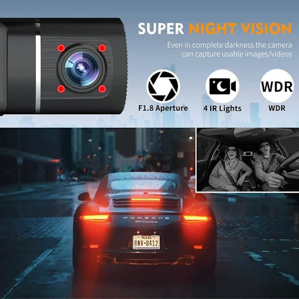 Abask J05 Pro Bilkamera 4K 1080P WIFI APP Anslutning DashCam Vinkel 170°+140° Nattvision Infraröd Med 64Go Kort
