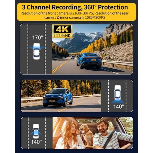 Bilkamera AQV ZD60A WiFi & APP Kontroll Dashcam 4K/2.5K + 1080P + 1080P Nattseende Infraröd G-sensor Med 64Go Kort