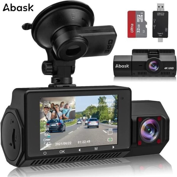 Abask A8Pro Bilkamera WIFI APP GPS DashCam 4K+1080P+1080P 170° Vinkel Infraröd Night Vision med 64GB kort