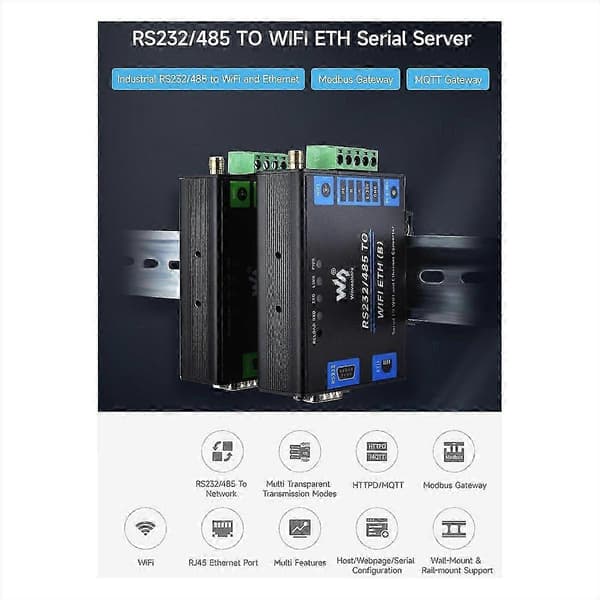 Waveshare RS232/485 til WiFi og Ethernet, seriell serverkonverter Black L