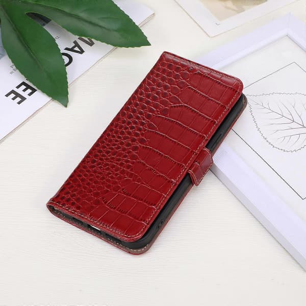 Crocodile Top Layer Cowhide Leather Phone Case For Samsung Galaxy S25 Edge 5G [DB] Red