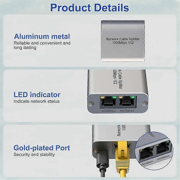 Ethernet Splitter 1 til 2 Højhastigheds Gigabit Ethernet Switch 2 Port Internet RJ45 LAN Splitter til C Silver