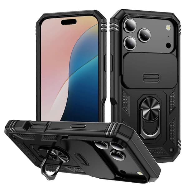 TKdaddy För iPhone 17 Pro Fodral TPU + PC Slide Camshield Kickstand Telefonfodral Svart