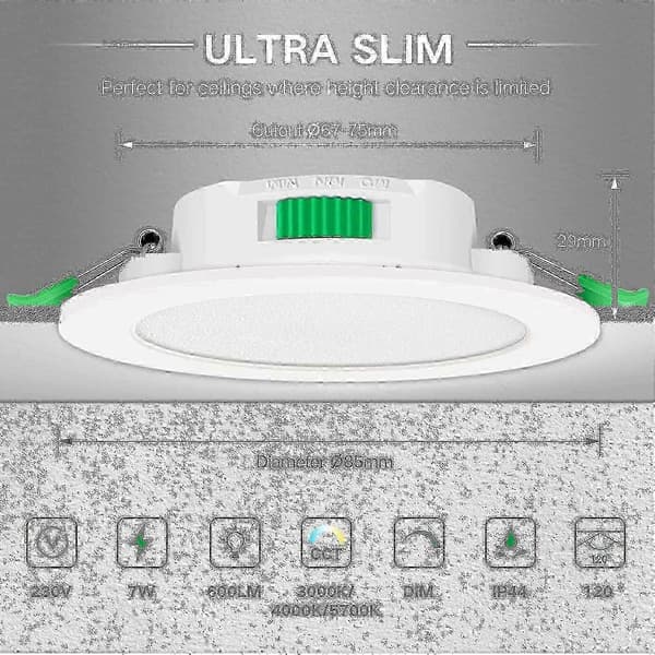 Hvit LED Downlight 7W 3CCT Justerbar Dimbar 120 Strålevinkel IP44 Innfelte Spotlights