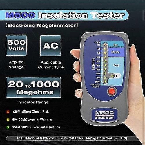 M500 Megohmmeter for isolasjonstesting, 1000 Megohm ved 500V, med visuell skjerm og myk bæreveske