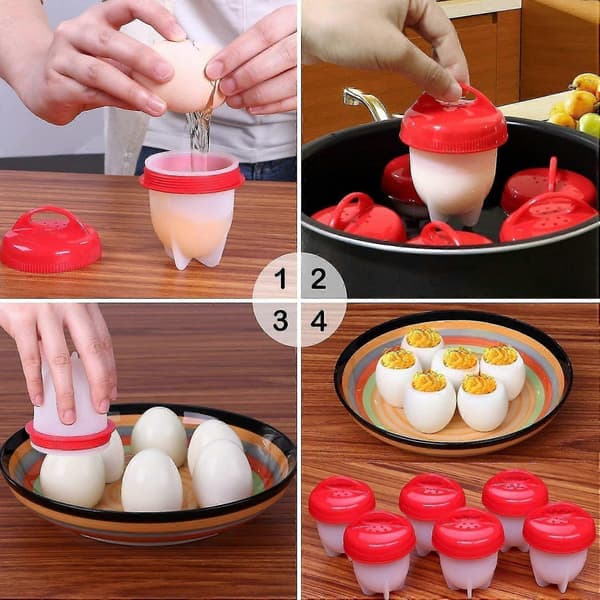 Eggekoker - Skallfrie hardkokte egg, 6 eggekopper, non-stick silikon dampede egg
