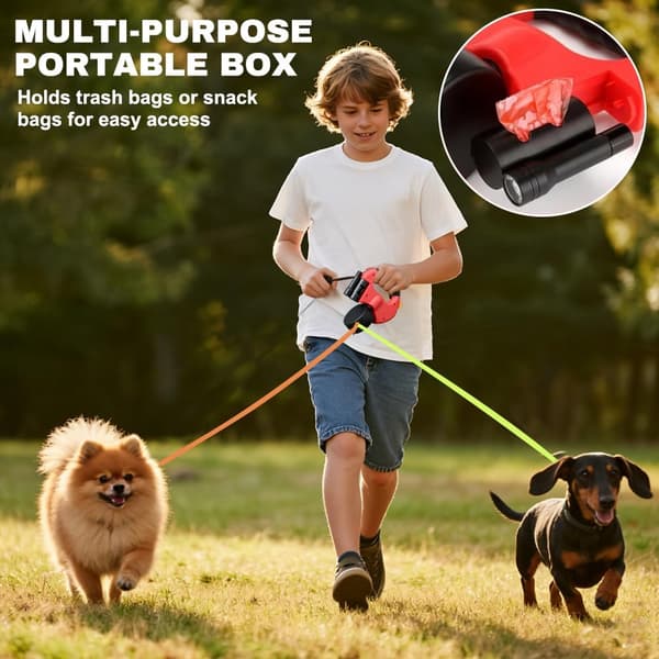 [13]3m Retractable Double Leash for Dogs - LED Light, Non-Slip Grip for 2 Small & Medium Dogs Red