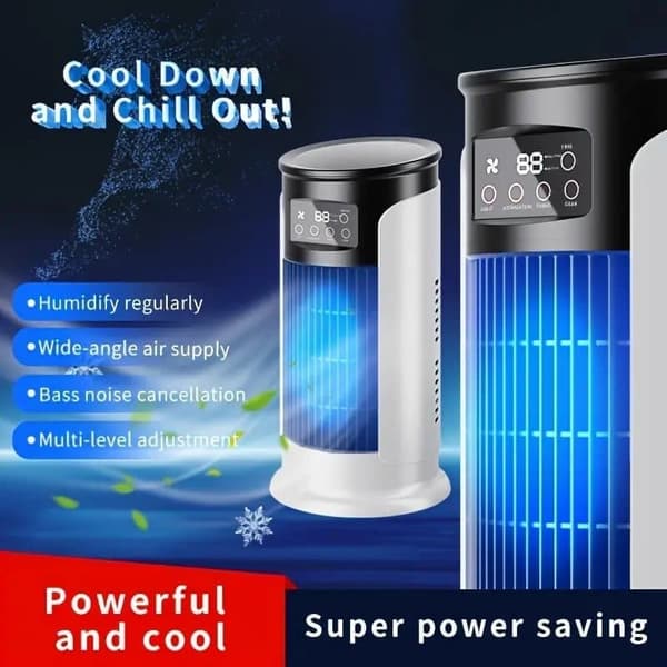 3-i-1 Mini Aircondition Ventilator, Bordventilator med Luftfugter og Isdamp, USB, Støjsvag Køling