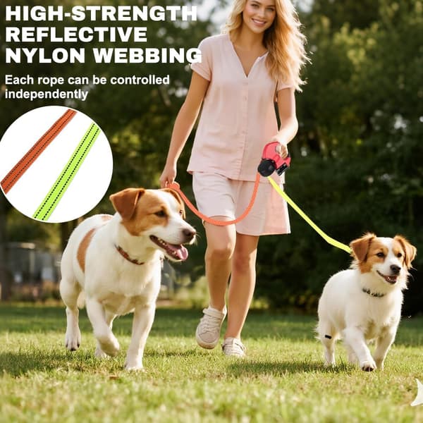[13]3m Retractable Double Leash for Dogs - LED Light, Non-Slip Grip for 2 Small & Medium Dogs Red