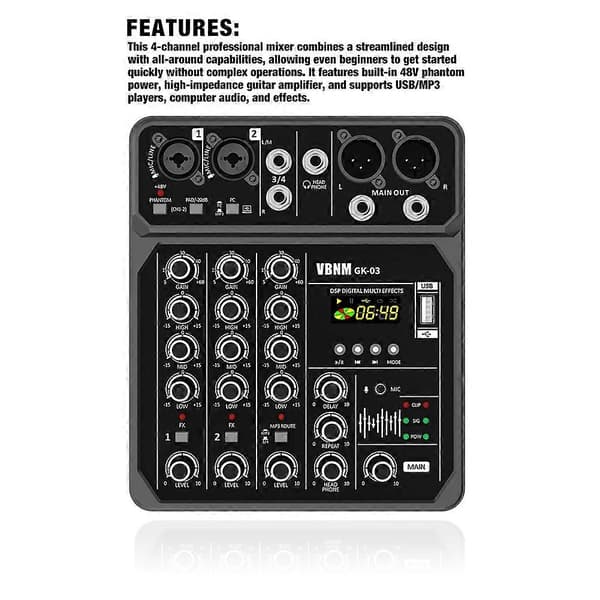 4-kanals lydmikser USB Studio lydmikser Bluetooth DJ-konsollmiksing 48V fantomstrøm USB/MP3-spiller for karaoke Black
