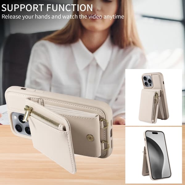 [13R] iPhone 16 Pro Max-deksel med kryssrem og glidelås, lærfutteral Beige