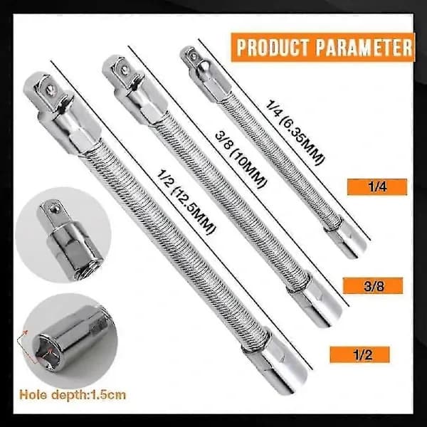 Universal Electric Socket Wrench Extension Rod, 1/4, 3/8, 1/2 Socket Wrench Drive Head, Bendable Flexible Socket Extension Rod Shaft Set (3 pcs)