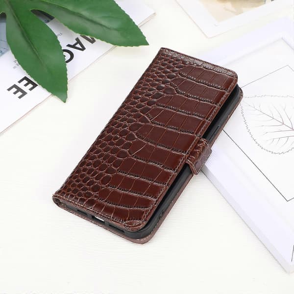 Crocodile Top Layer Cowhide Leather Phone Case For Samsung Galaxy S25 Edge 5G [DB] Brown