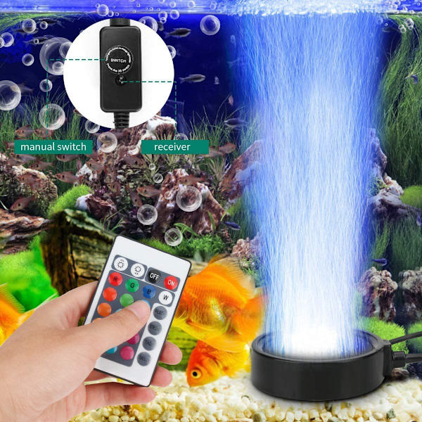 Aquarium Bubble LED Lights, Remote Controlled Air Stone Disc, with