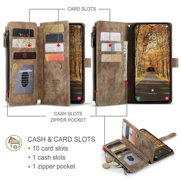 (For Samsung Galaxy S22) Retro Leather Wallet Case with Detachable Wrist Strap and Multiple Card Slots brun