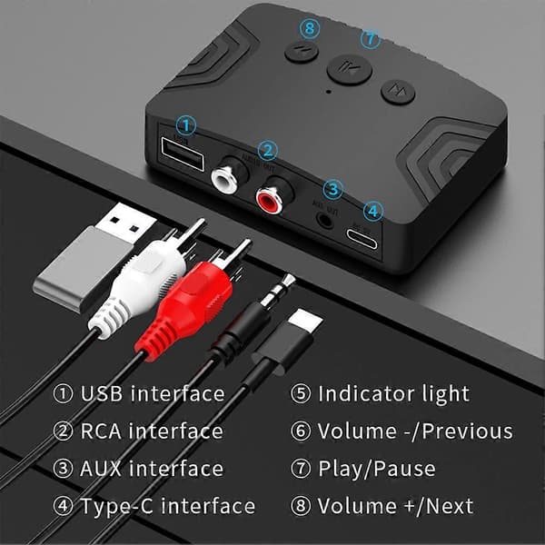 [13]Bluetooth 5.3 lydmottaker sender 3,5 mm AUX RCA USB stereomusikk trådløs lydadapter for