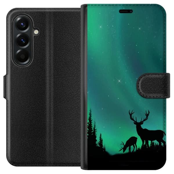 Compatible Wallet Case for Samsung Galaxy A37 Deer Silhouette under Northern Lights Plånboksfodral