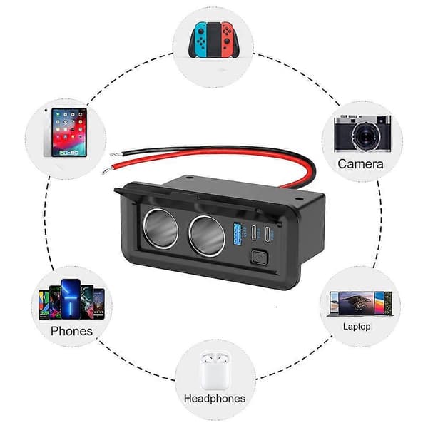 Double Lighter Socket 78W 12V USB Socket Dual USB-C PD & QC3.0 Car Charger Port with Switch for Bus Boat