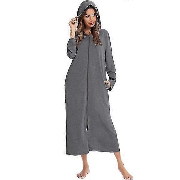 Lang hettebadekåpe med glidelås for kvinner, gulvlang badekåpe med lommer dark gray M
