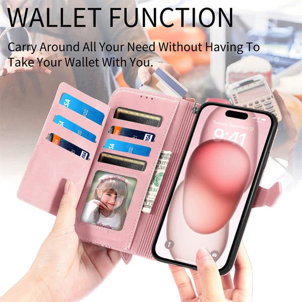 Suitable for iPhone mobile phone case - mobile phone leather case flip case embossed card slot leather case Pink iPhone 15 Pro Max iPhone 15 Pro Max Pink
