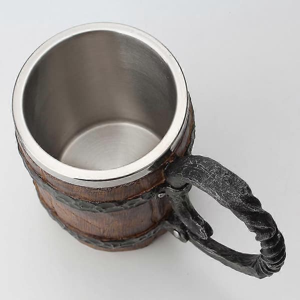 Ölmugg, imiterad trä rostfri stålmugg, fatmugg för män (1 st, brun)