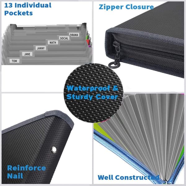 1 Piece Expanding File Organizer, Fun Storage Document Folder Box Files, 13 Pockets Zipper Archive Folders Black