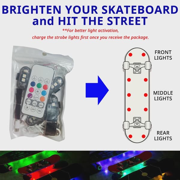 RGB Skateboard Scooter Underglow Light Kit Wireless Remote Control LED 8 Colors Rechargeable Strobe 2 counts of lights