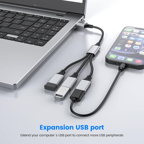 2025 Senaste Modell 3 i 1 USB-splitterkabel, Bärbar USB 2.0-hubb för laddning, dataöverföring, bärbar dator, Mac Silver 1-pack