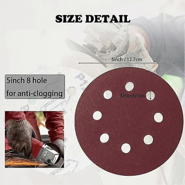 Slipeskiver 5 tommer slipeputer 8 hull borrelås 125 mm sandpapir