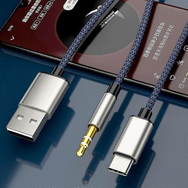 1 Split 2 Type C til USB A 3.5mm Aux Kabel Stereo Hifi Lyd til Bilhøjttalere -JA [DB] Blue