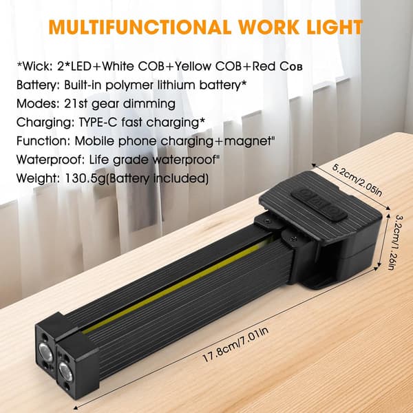 [13] Rechargeable LED COB Work Light - Inspection Lamp with Magnetic Base, 180° Foldable, Hanging Hook - Workshop, Camping and Hiking