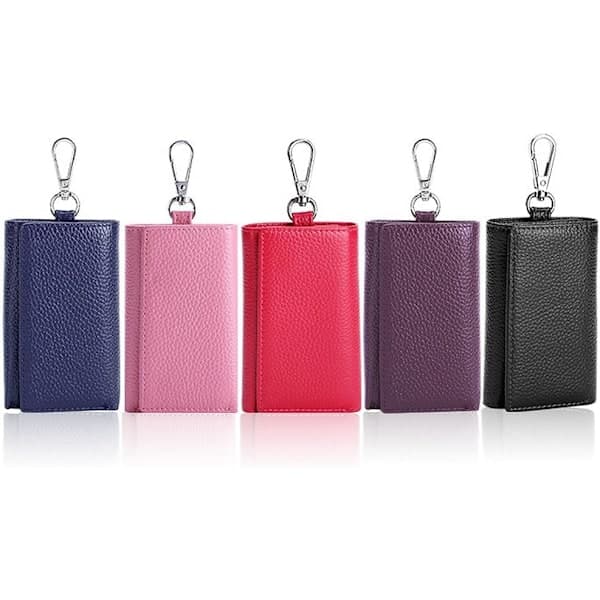 [13]Unisex Compact Leather Key Case Wallet Keychain Key Holder with 6 Hanging Buckles Snap Closure, Black