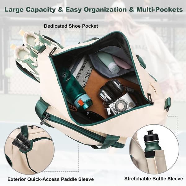 Tote Bag with Shoe Compartment and Table Tennis Racket Compartment – Large Capacity, Lightweight Design, Unisex, With Bottle Holder White