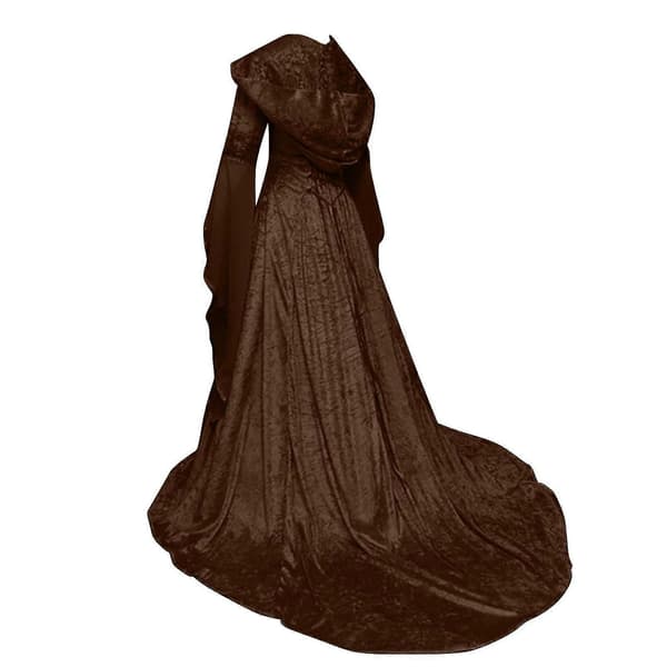 Dame Mode Langærmet Hætteklædt Kjole Gulvlængde Cosplay Kjole Coffee XXL