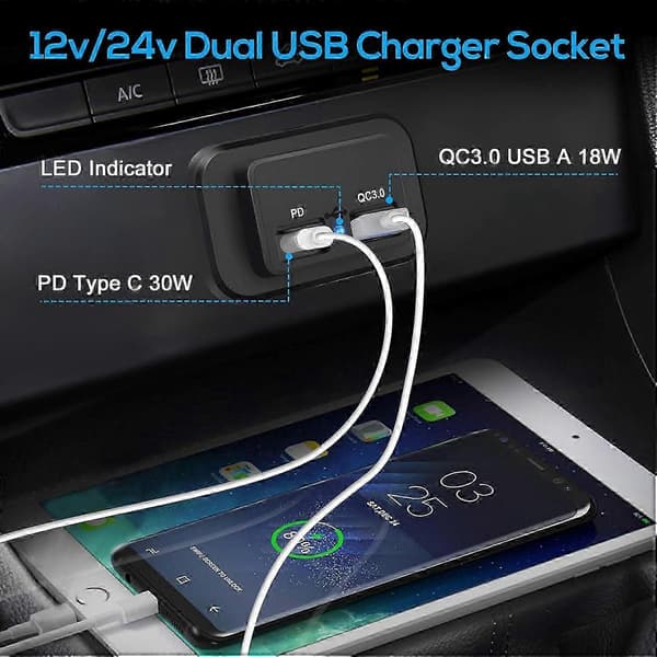 Bobillader USB-uttak, QC3.0 USB A- og USB C-porter ladekontaktpanel, med LED-lys for 12V/24V bil og båt [MI]