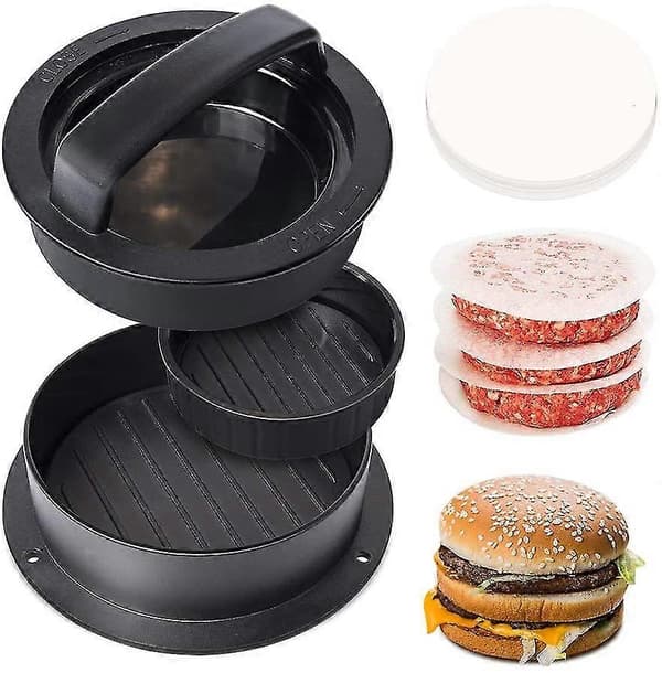 Hamburger Patty Maker Press 3-i-1 Fylt Burgerpresse Stor Non-stick