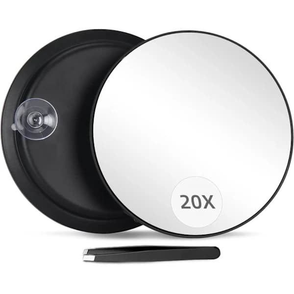 20x Magnifying Mirror and Tweezer Set, 6 Inch Round Makeup Mirror with Magnification, 2 Suction Cup Magnifiers, Portable Makeup Magnifier
