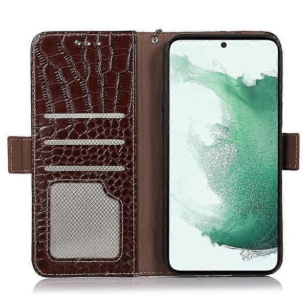 Compatible with Samsung Galaxy S21 FE 5G RFID Genuine Leather Wallet Phone Case, Crocodile Texture Foldable Stand [DB] Brown