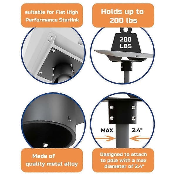 Star Link Flad Højtydende Røradapter, Star Link Monteringssæt til Højtydende Star Link Internet Kit Black