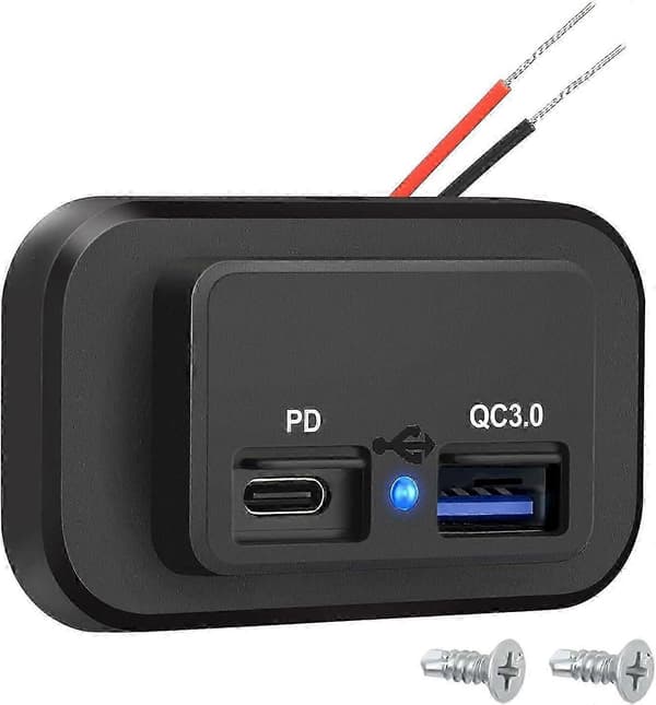 Bobillader USB-uttak, QC3.0 USB A- og USB C-porter ladekontaktpanel, med LED-lys for 12V/24V bil og båt [MI]