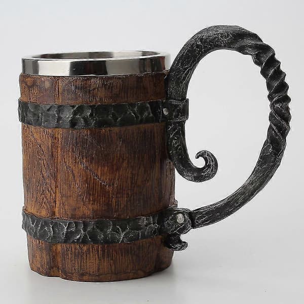 Ølkrus, imiteret træ rustfrit stål krus, tøndekrus til mænd (1 stk, brun)