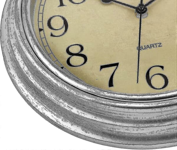 Tyst, tickfri, rund retro kvartsväggklocka (12 tum) silver