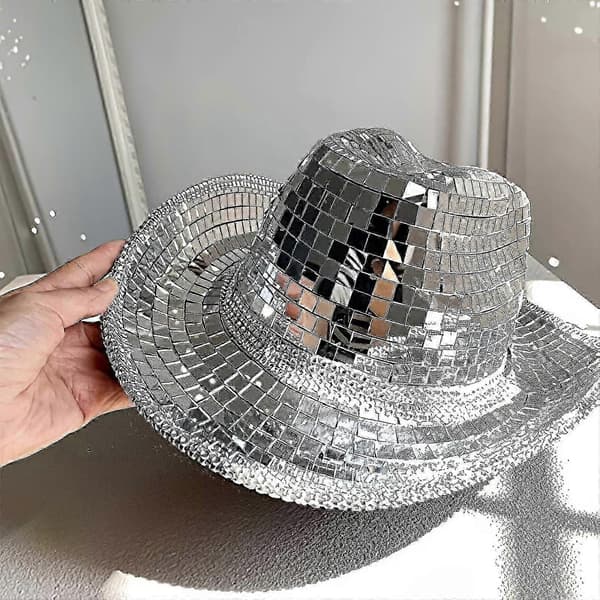 Diskokugle cowboyhat, spejlkugle cowboyhat, polterabendhat, kvinders glitrende rumhat