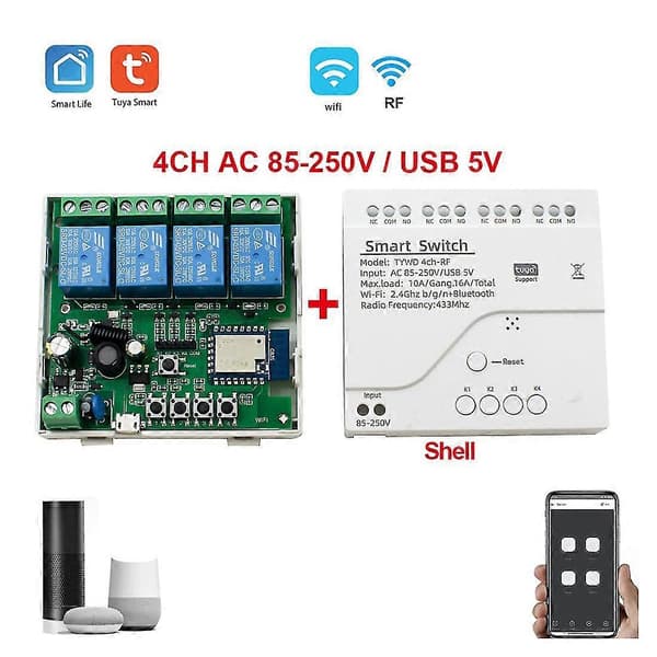 Tuya Smart Wifi Motor Switch Module RF 433 Radio Fjärrkontroll 4CH Inching Relä för Google Home White