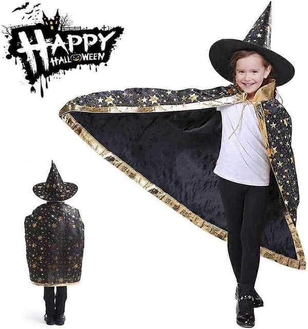 Halloween-kostume til børn, hekse-troldmandskappe med hat til børn (Magisk lilla) style3815