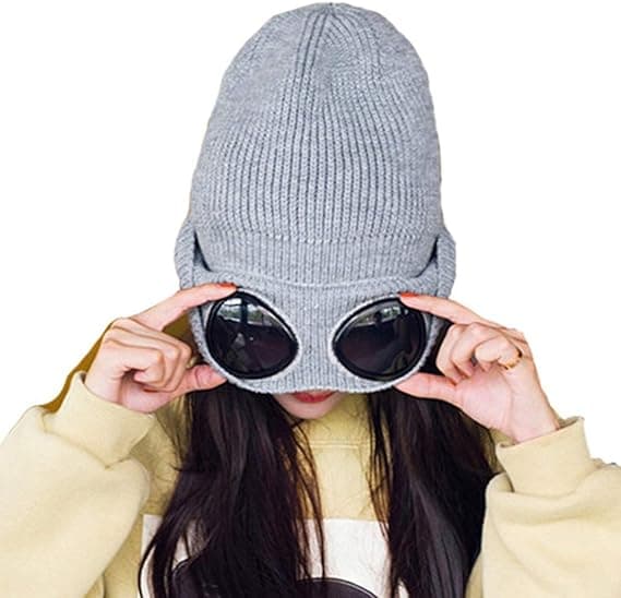Unisex Goggle Beanie Strikket Vinter Grov Beanie Lue (grå)