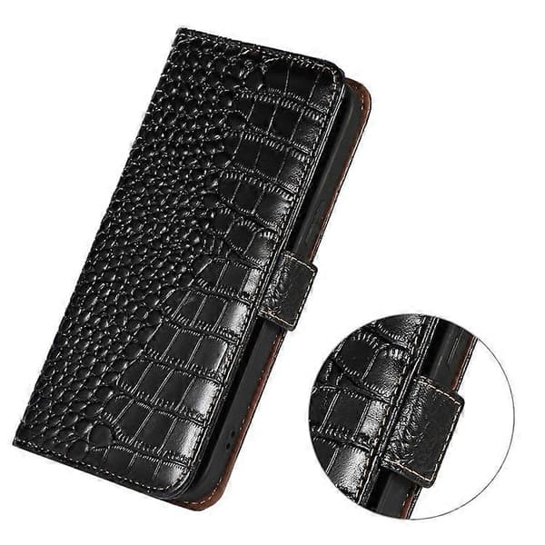 Compatible with Samsung Galaxy S21 FE 5G RFID Genuine Leather Wallet Phone Case, Crocodile Texture Foldable Stand [DB] Black
